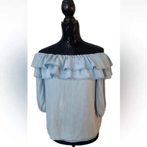 Sam and Jess Double Ruffle Off The Shoulder Blouse Light Blue Chambray Size XSP - Picture 4 of 13